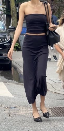 black set paired with sleek black heels