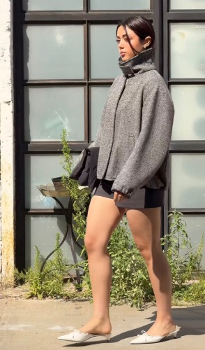 chic black mini skirt, white kitten heels