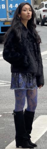 blue lace tights with a shimmering blue dress