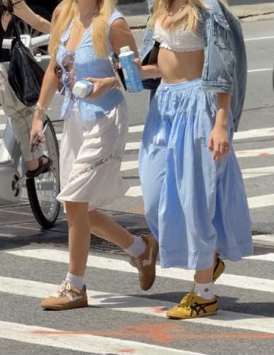 denim vest, styled with suede sneakers
