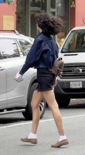 black denim skirt and white ankle socks