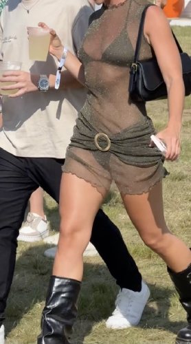 green sheer t-shirt dress layered over an olive triangle bikini