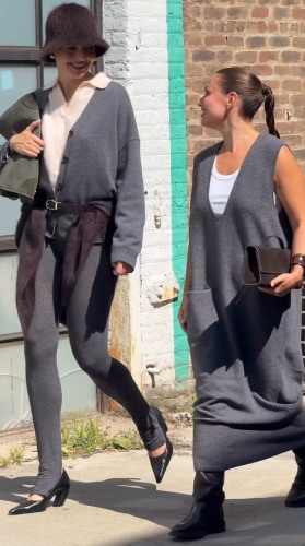 V knit maxi dress layered over a white tee