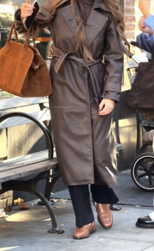 brown belted leather trench